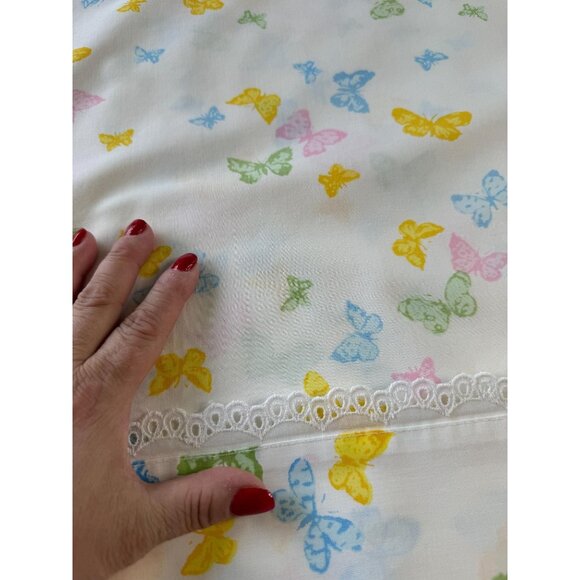 Vintage 70s flat sheet, yellow, pink, blue green butterflies, twin size, Dior - Picture 4 of 8